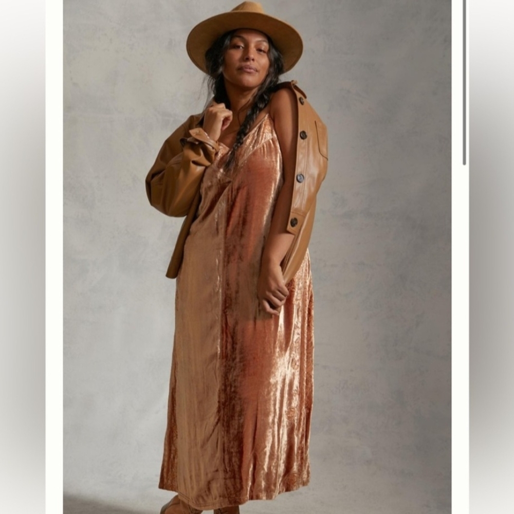 Anthropologie Tan Velvet Maxi Dress